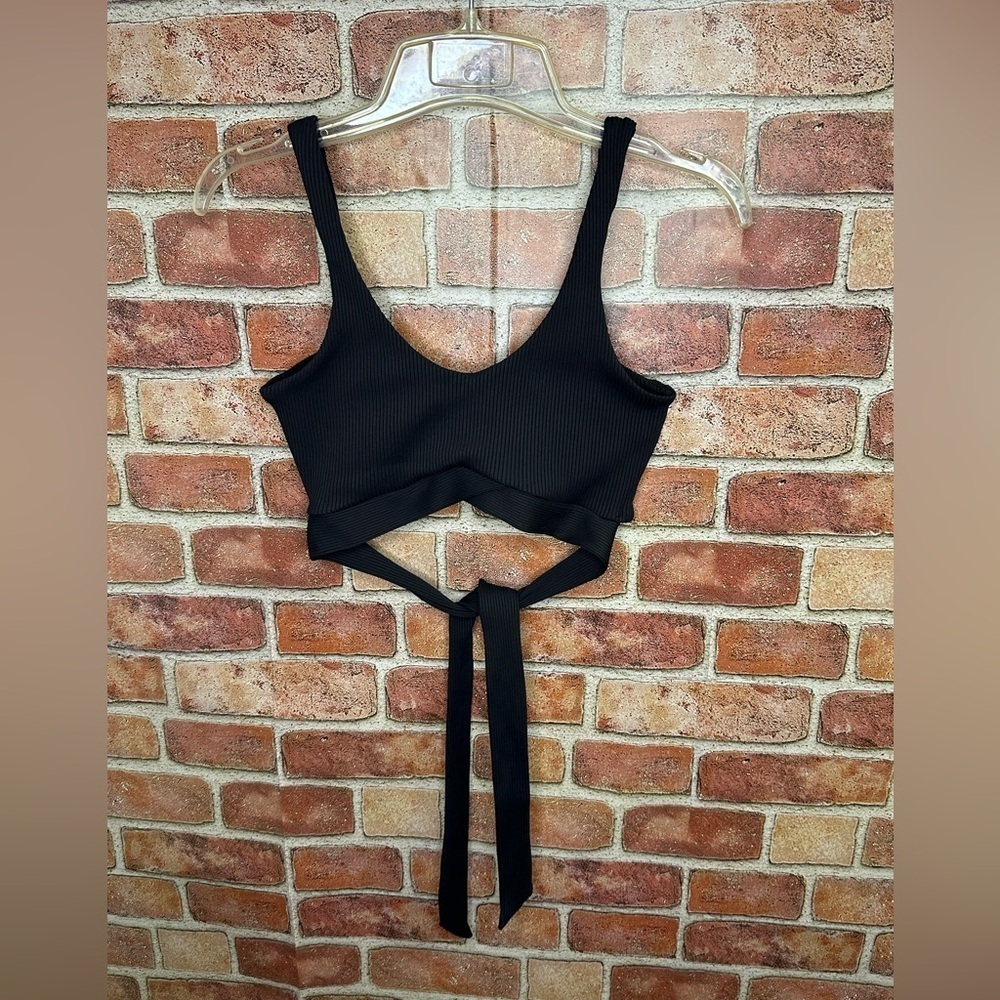 Love Tree Black Ribbed Tie Sports Bra/Bikini Swim Top S
